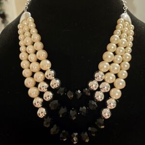 Elegant Pearl and Black Bead Necklace